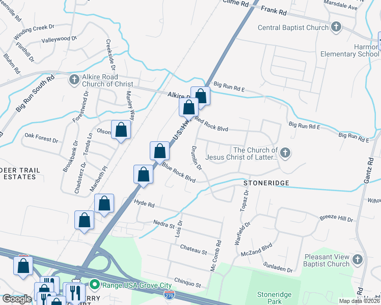 map of restaurants, bars, coffee shops, grocery stores, and more near 2101 Drumlin Drive in Grove City
