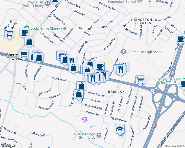 map of restaurants, bars, coffee shops, grocery stores, and more near 1200 Marlton Pike in Cherry Hill Township