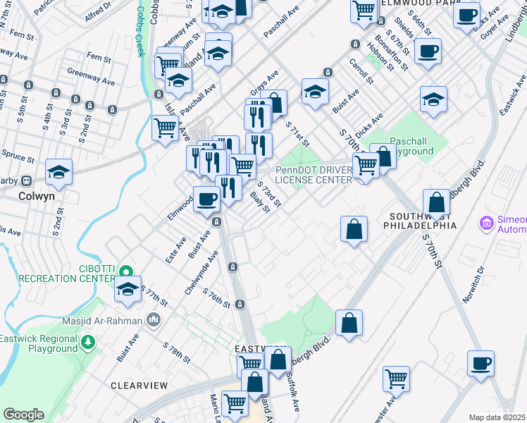 map of restaurants, bars, coffee shops, grocery stores, and more near 7324 Chelwynde Avenue in Philadelphia