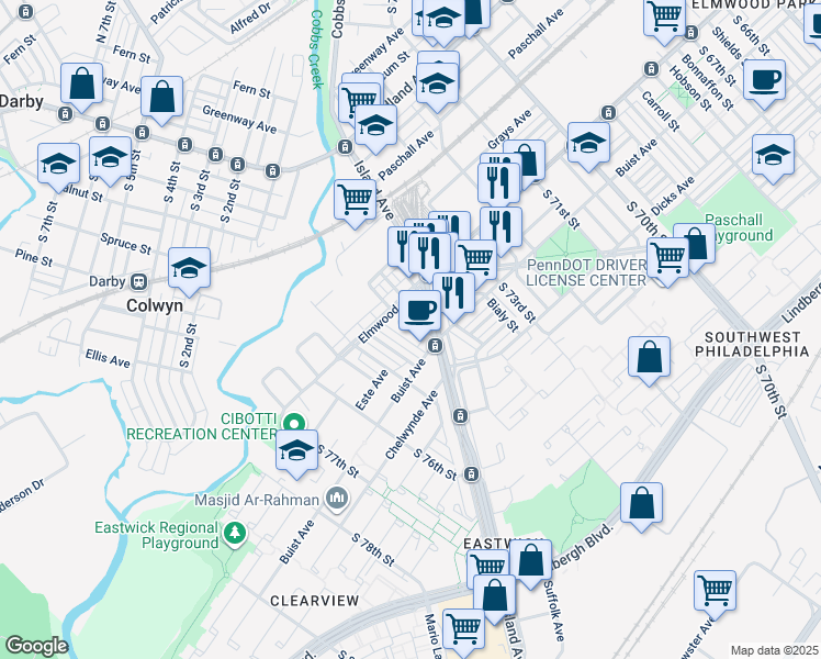 map of restaurants, bars, coffee shops, grocery stores, and more near 2534 South 74th Street in Philadelphia