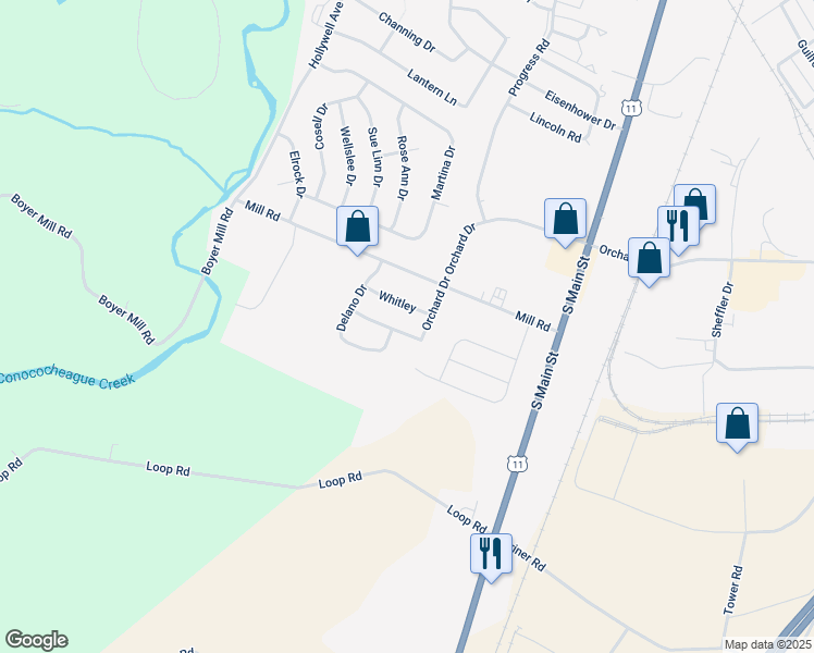 map of restaurants, bars, coffee shops, grocery stores, and more near 225 Whitley in Chambersburg