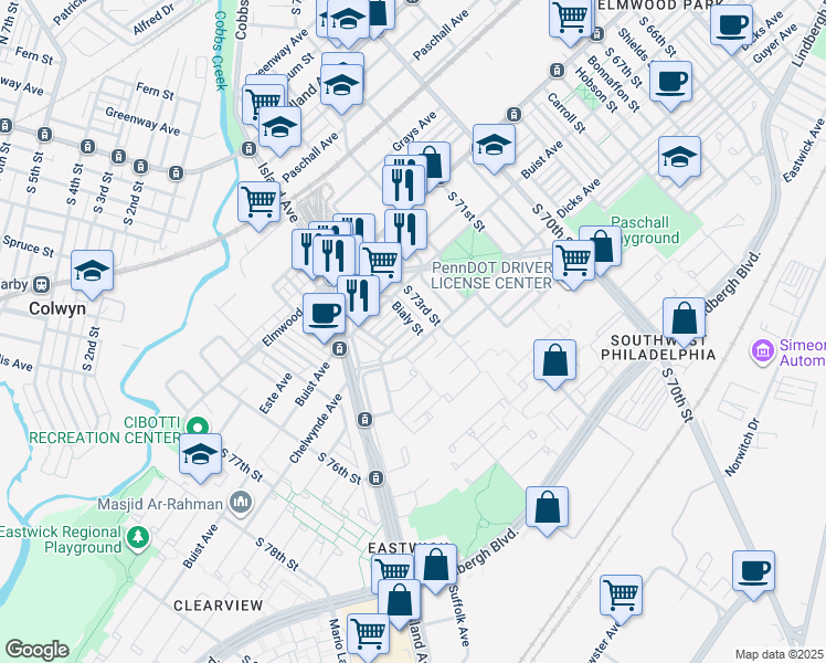 map of restaurants, bars, coffee shops, grocery stores, and more near 7324 Chelwynde Avenue in Philadelphia