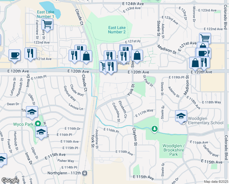 map of restaurants, bars, coffee shops, grocery stores, and more near 11801 York Street in Thornton