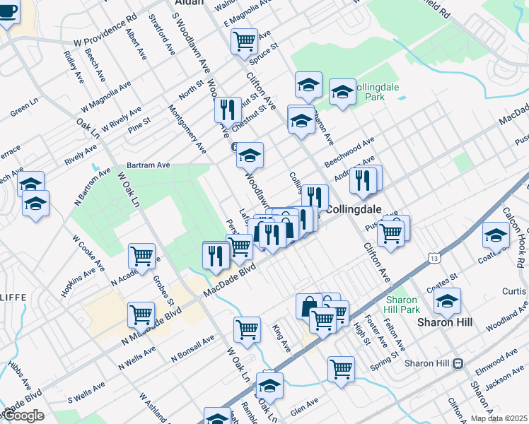 map of restaurants, bars, coffee shops, grocery stores, and more near 314 Woodlawn Avenue in Collingdale