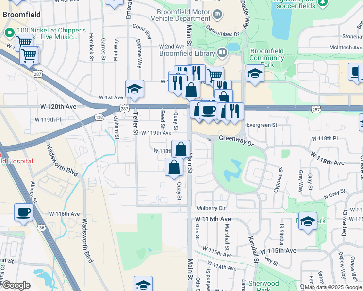 map of restaurants, bars, coffee shops, grocery stores, and more near 1100 Quay Street in Broomfield