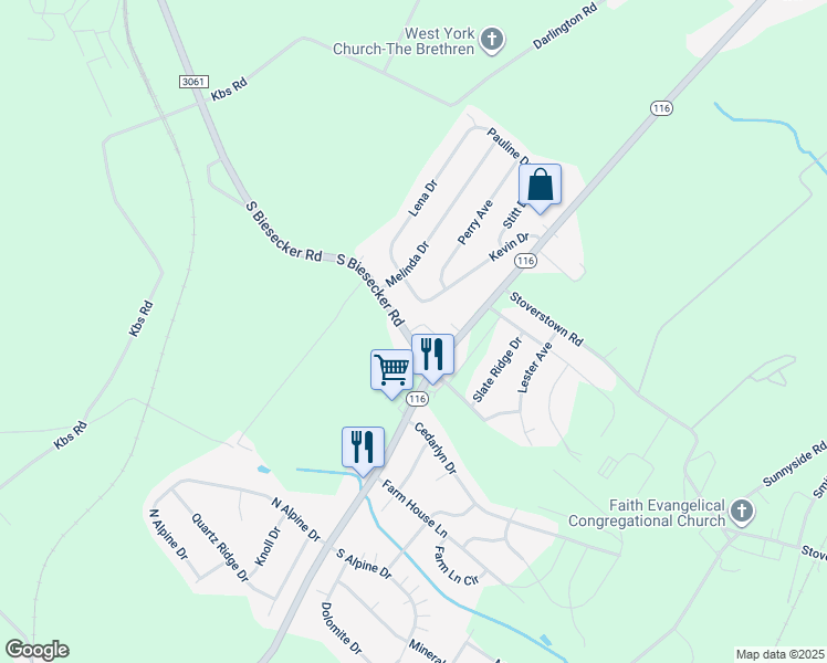 map of restaurants, bars, coffee shops, grocery stores, and more near 45 Biesecker Road in York