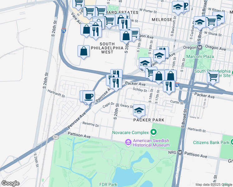map of restaurants, bars, coffee shops, grocery stores, and more near 3120 South 20th Street in Philadelphia