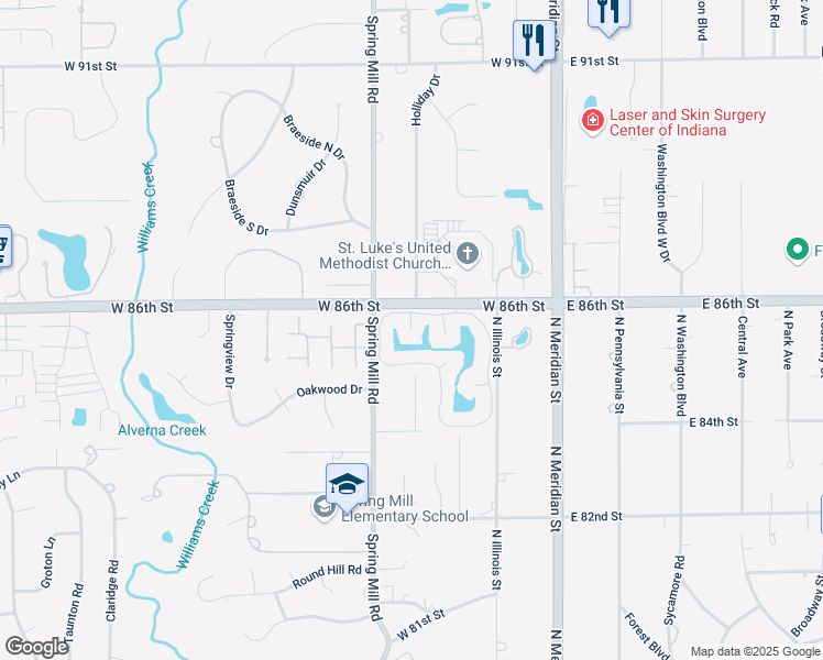 map of restaurants, bars, coffee shops, grocery stores, and more near 8561 Olde Mill in Indianapolis