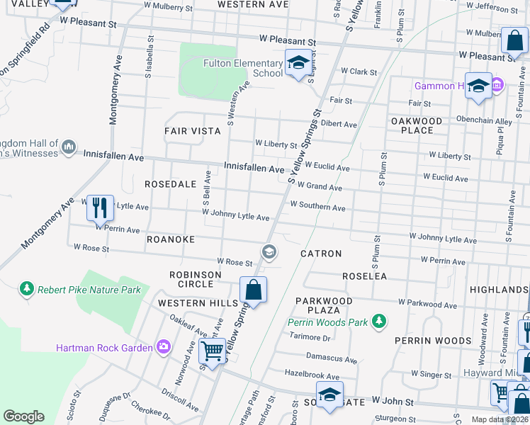 map of restaurants, bars, coffee shops, grocery stores, and more near 1171 South Yellow Springs Street in Springfield