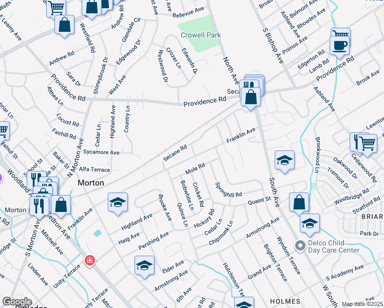 map of restaurants, bars, coffee shops, grocery stores, and more near 2351 Franklin Avenue in Delaware County