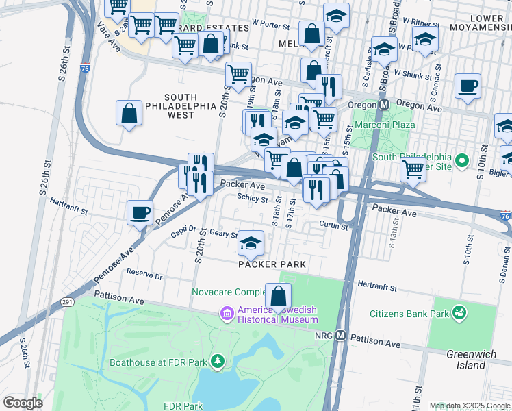 map of restaurants, bars, coffee shops, grocery stores, and more near 3125 Lanvale Place in Philadelphia