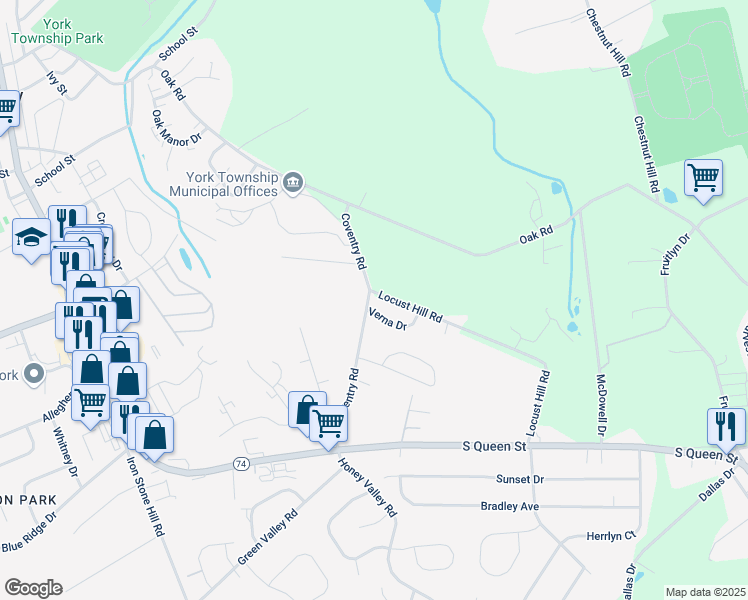 map of restaurants, bars, coffee shops, grocery stores, and more near 195 Coventry Road in Dallastown