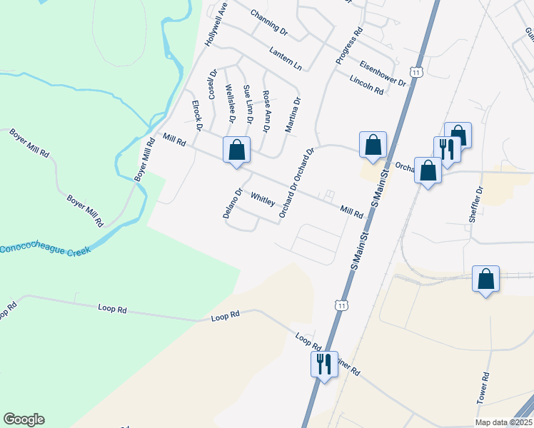 map of restaurants, bars, coffee shops, grocery stores, and more near 216 Merriweather Drive in Chambersburg