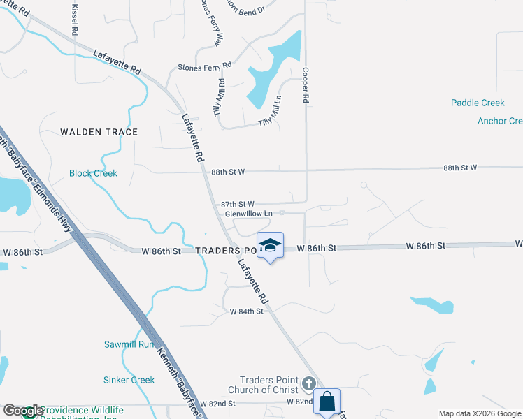map of restaurants, bars, coffee shops, grocery stores, and more near 8342 87th Street West in Indianapolis
