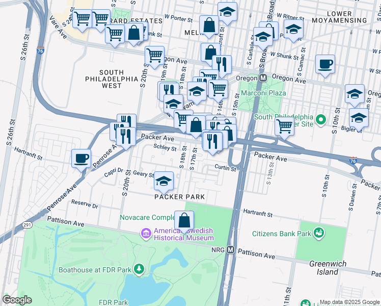 map of restaurants, bars, coffee shops, grocery stores, and more near 3128 South 17th Street in Philadelphia