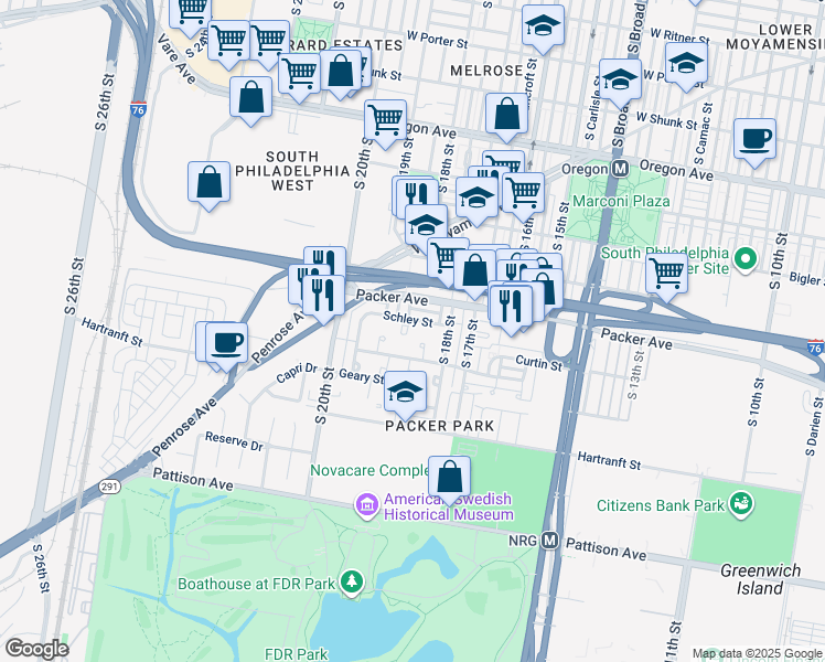 map of restaurants, bars, coffee shops, grocery stores, and more near 3125 Lanvale Place in Philadelphia
