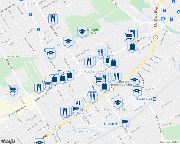 map of restaurants, bars, coffee shops, grocery stores, and more near 118 Sharon Avenue in Collingdale
