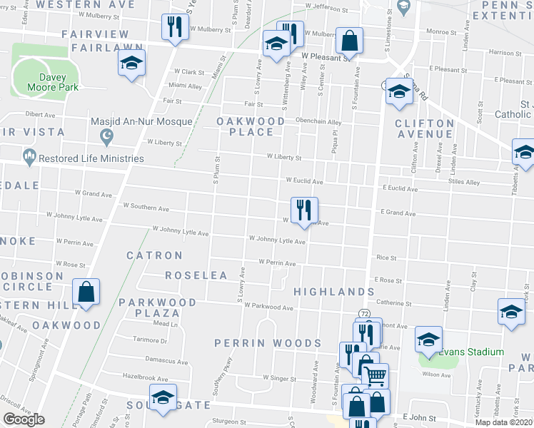 map of restaurants, bars, coffee shops, grocery stores, and more near 212 West Southern Avenue in Springfield