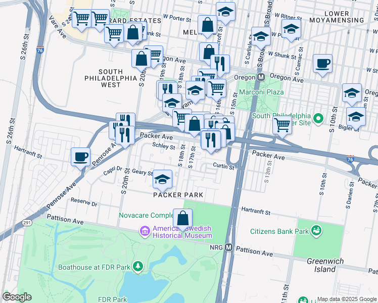map of restaurants, bars, coffee shops, grocery stores, and more near 3128 South 17th Street in Philadelphia