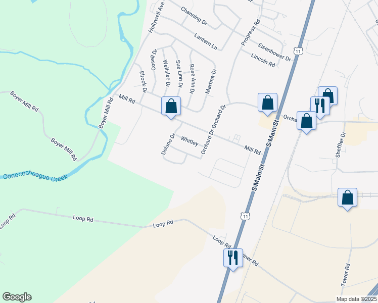 map of restaurants, bars, coffee shops, grocery stores, and more near 225 Whitley in Chambersburg