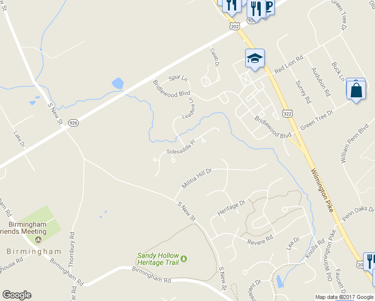 map of restaurants, bars, coffee shops, grocery stores, and more near 162 Sidesaddle Place in West Chester
