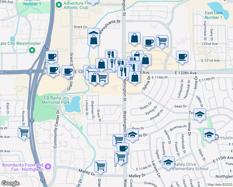 map of restaurants, bars, coffee shops, grocery stores, and more near 11887 Washington Street in Northglenn