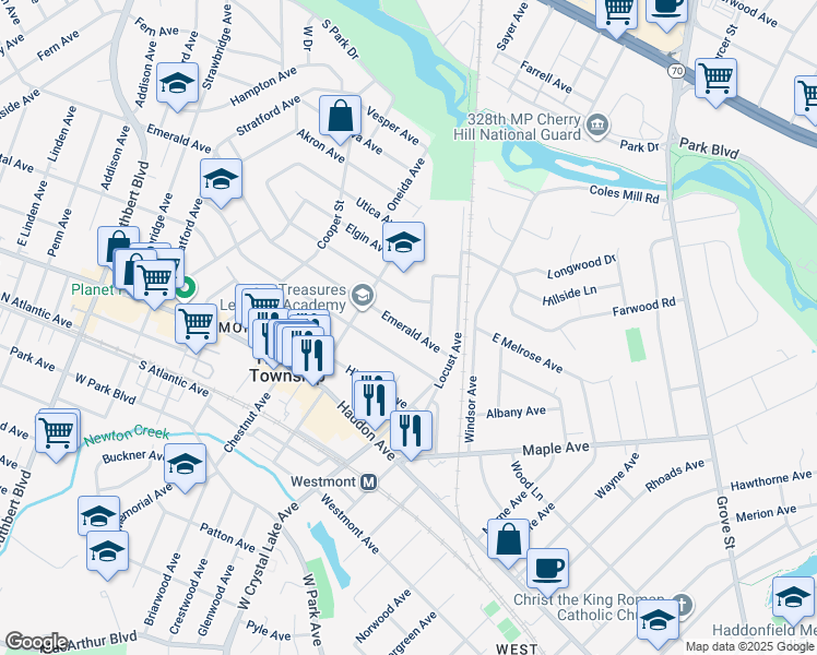 map of restaurants, bars, coffee shops, grocery stores, and more near 219 Emerald Avenue in Haddon Township