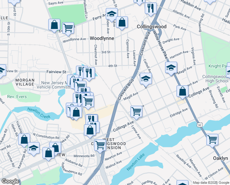 map of restaurants, bars, coffee shops, grocery stores, and more near 300 Champion Avenue in Collingswood