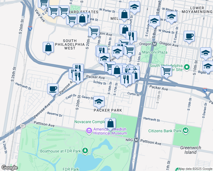map of restaurants, bars, coffee shops, grocery stores, and more near 1812 Schley Street in Philadelphia