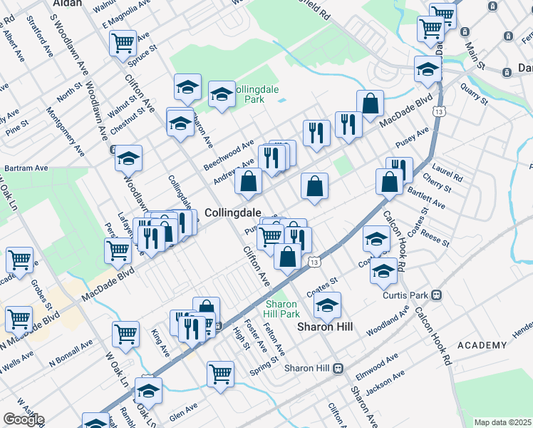 map of restaurants, bars, coffee shops, grocery stores, and more near 107 Juliana Terrace in Collingdale