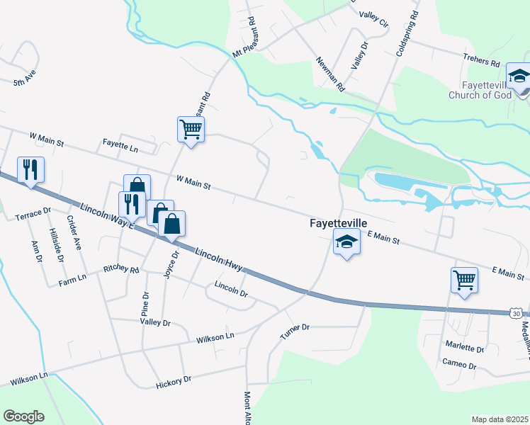 map of restaurants, bars, coffee shops, grocery stores, and more near 86 West Main Street in Fayetteville