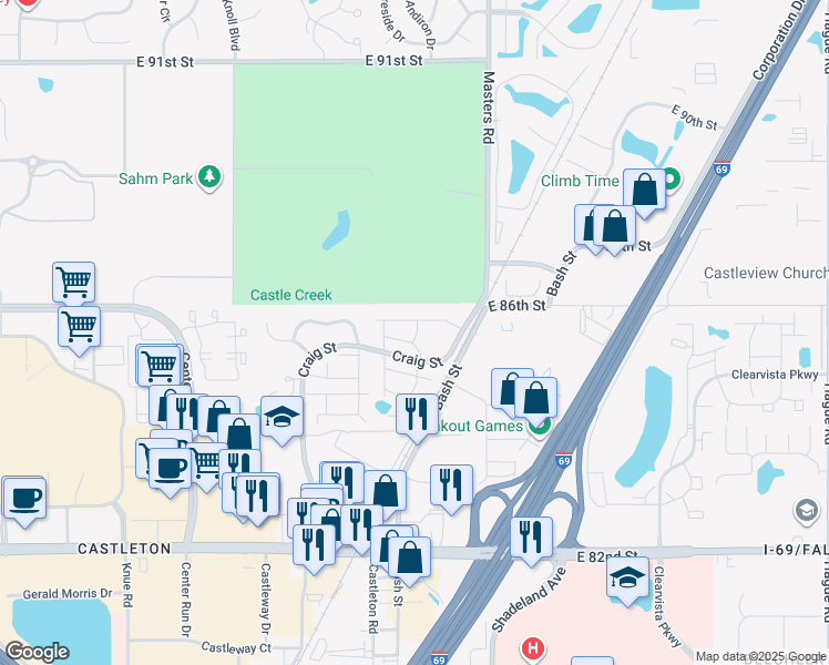 map of restaurants, bars, coffee shops, grocery stores, and more near 8560 Laurel Valley Drive in Indianapolis