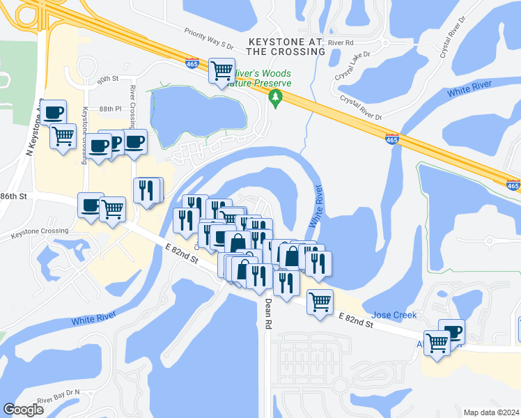 map of restaurants, bars, coffee shops, grocery stores, and more near 4104 River Terrace Place in Indianapolis