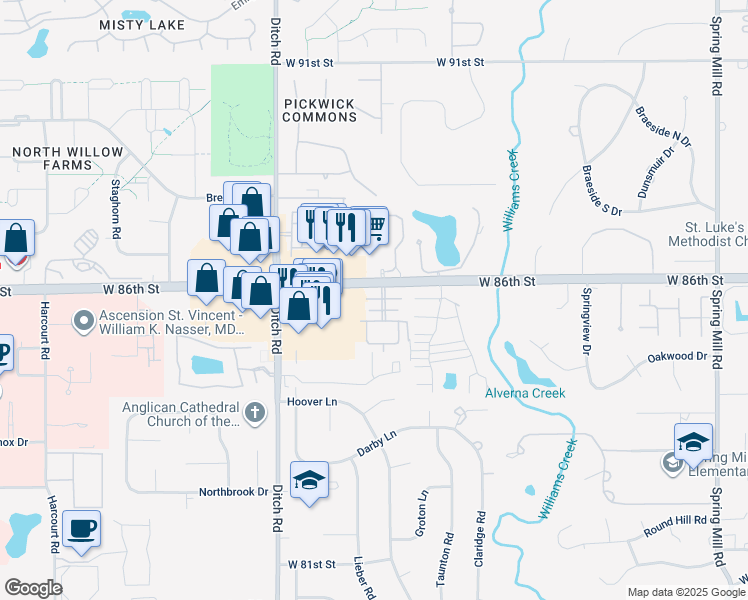 map of restaurants, bars, coffee shops, grocery stores, and more near 1136 Canterbury Court in Indianapolis