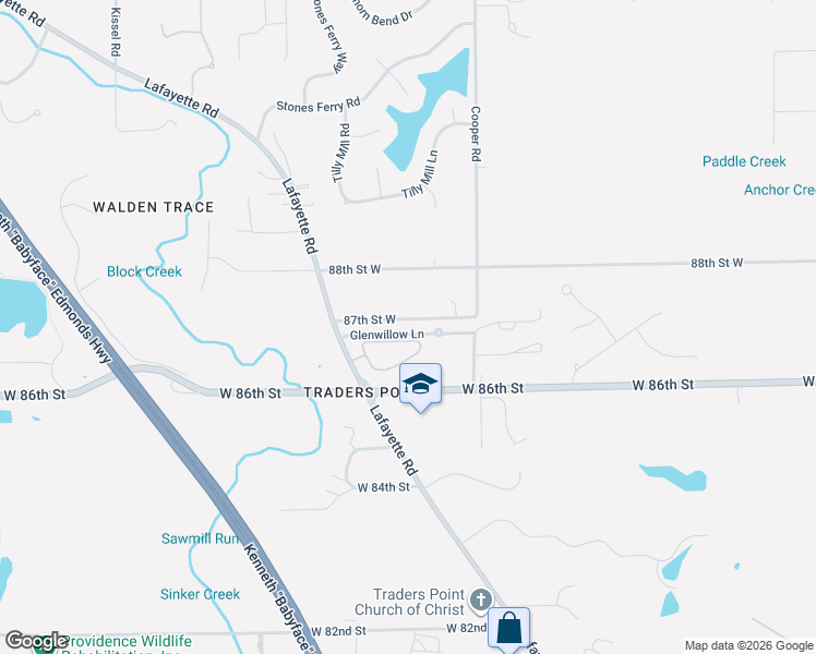 map of restaurants, bars, coffee shops, grocery stores, and more near 8342 87th Street West in Indianapolis