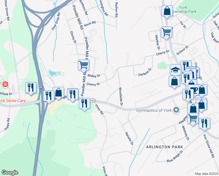 map of restaurants, bars, coffee shops, grocery stores, and more near 212 Cherry Street in York