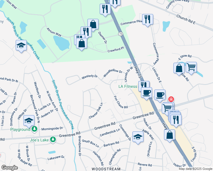map of restaurants, bars, coffee shops, grocery stores, and more near 1 Westerly Drive in Evesham