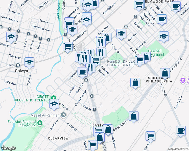 map of restaurants, bars, coffee shops, grocery stores, and more near 7357 Garman Street in Philadelphia