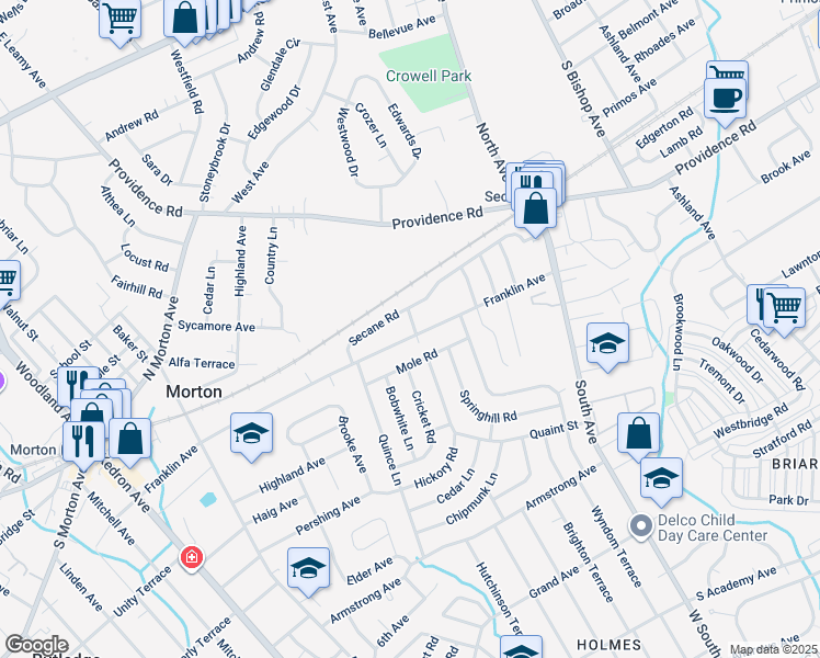 map of restaurants, bars, coffee shops, grocery stores, and more near 2351 Franklin Avenue in Delaware County
