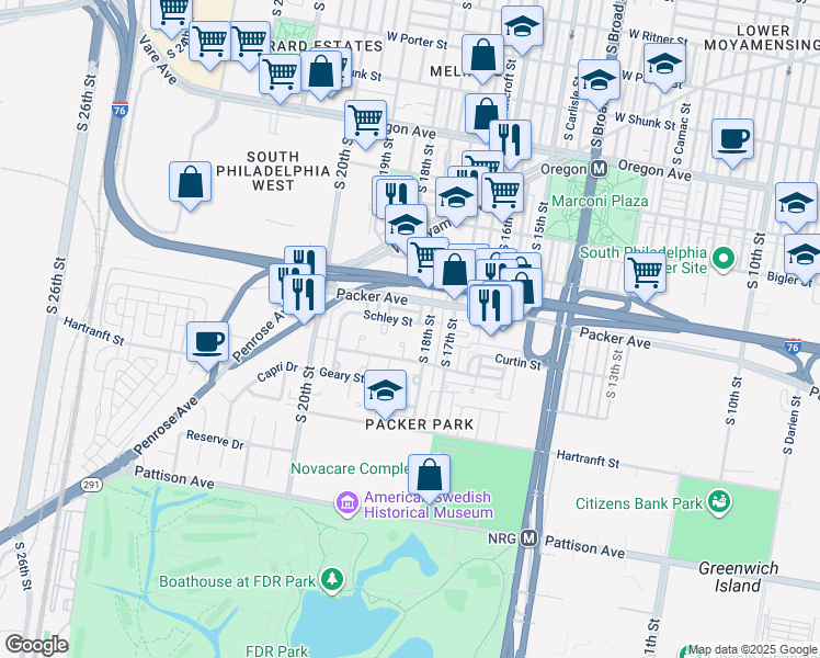 map of restaurants, bars, coffee shops, grocery stores, and more near 1818 Schley Street in Philadelphia