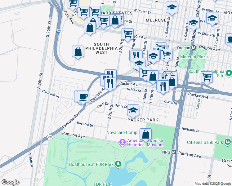 map of restaurants, bars, coffee shops, grocery stores, and more near 3145 South 20th Street in Philadelphia
