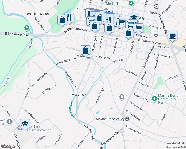 map of restaurants, bars, coffee shops, grocery stores, and more near 522 South Avenue in Media