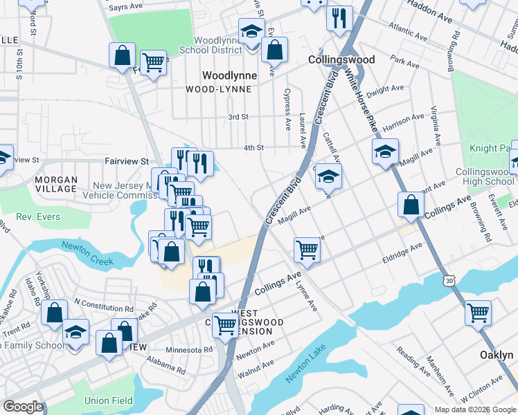 map of restaurants, bars, coffee shops, grocery stores, and more near 300 Champion Avenue in Collingswood