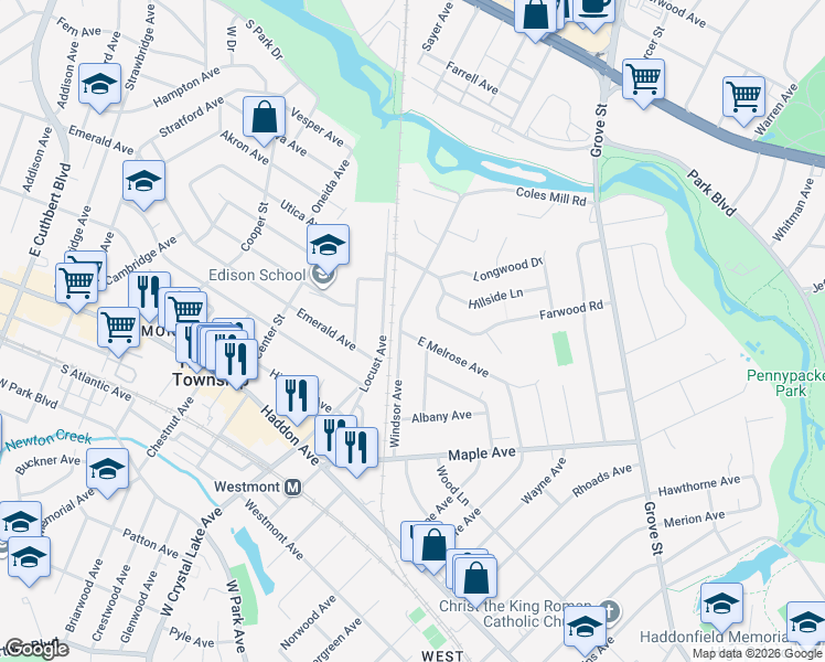 map of restaurants, bars, coffee shops, grocery stores, and more near 402 Windsor Avenue in Haddonfield