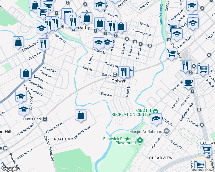 map of restaurants, bars, coffee shops, grocery stores, and more near 417 Thatcher Avenue in Darby
