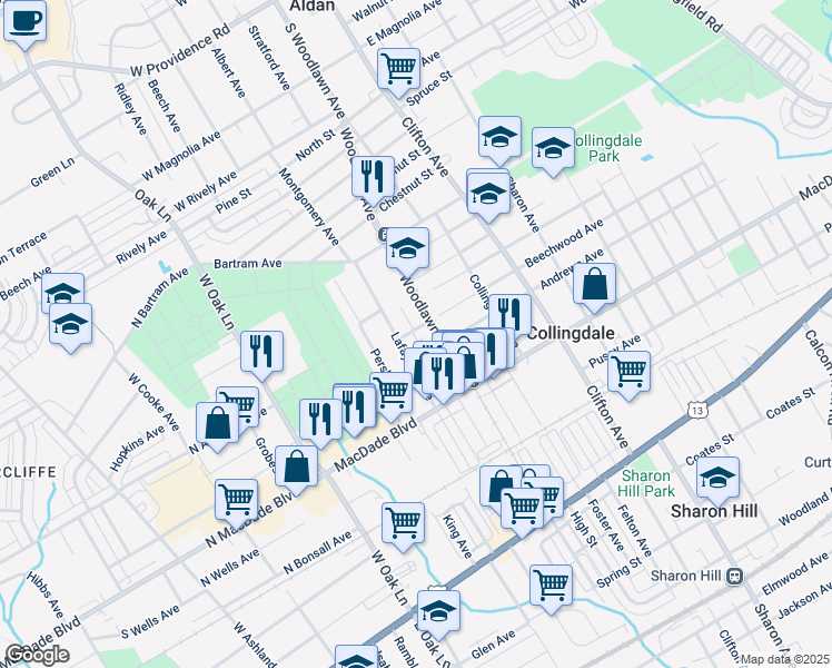 map of restaurants, bars, coffee shops, grocery stores, and more near 1016 Beechwood Avenue in Collingdale