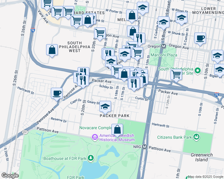 map of restaurants, bars, coffee shops, grocery stores, and more near 1818 Schley Street in Philadelphia
