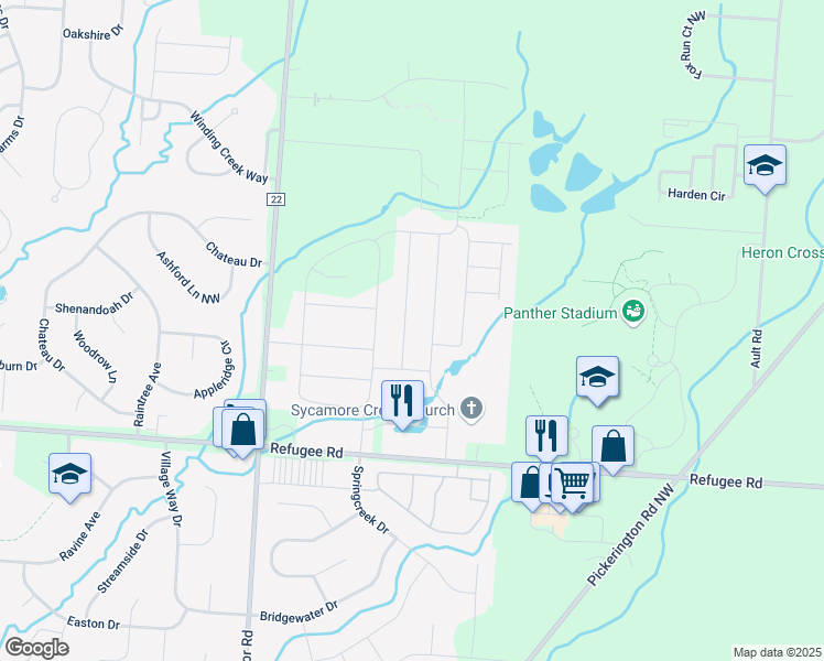 map of restaurants, bars, coffee shops, grocery stores, and more near 12320 Greenwood Drive in Pickerington