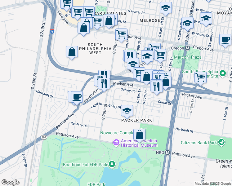 map of restaurants, bars, coffee shops, grocery stores, and more near 3143 South Uber Street in Philadelphia