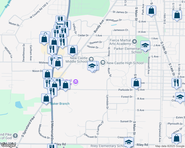 map of restaurants, bars, coffee shops, grocery stores, and more near 601 Parkview Drive in New Castle